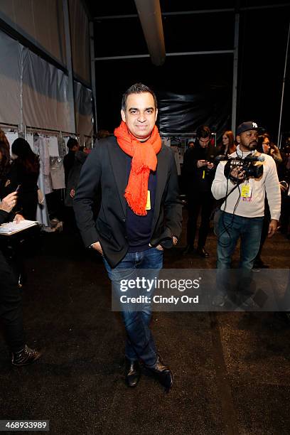 Designer Bibhu Mohapatra poses backstage at the Bibhu Mohapatra fashion show during Mercedes-Benz Fashion Week Fall 2014 at The Pavilion at Lincoln...