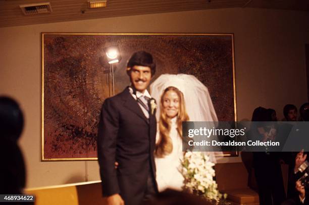 Legendary swimmer Mark Spitz marries Suzy Weiner at the Beverly Hills Hotel on May 6, 1973 in Los Angeles, California.