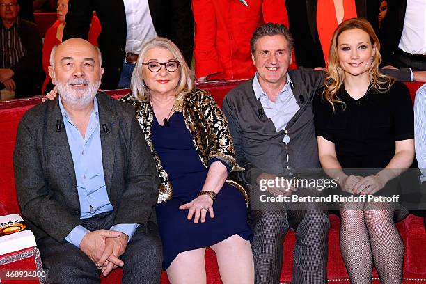 Gerard Jugnot, Josiane Balasko, Daniel Auteuil and Caroline Vigneaux attend the 'Vivement Dimanche' French TV Show at Pavillon Gabriel on April 8,...