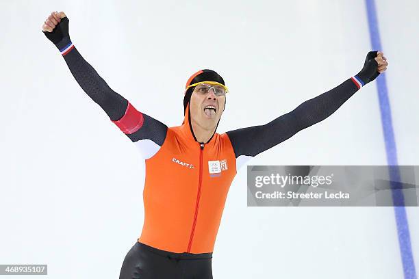 Stefan Groothuis of the Netherlands celebrates after competing during the Men's 1000m Speed Skating event during day 5 of the Sochi 2014 Winter...