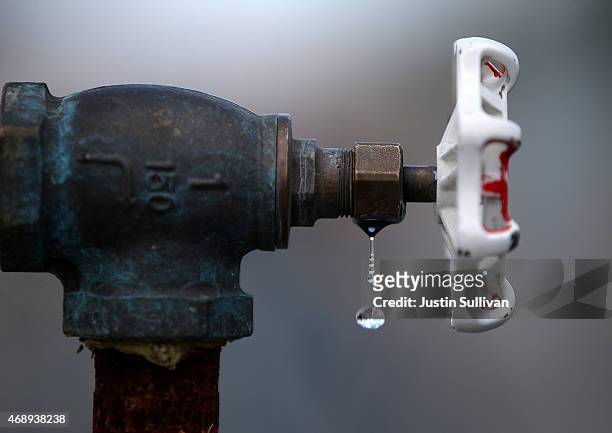 Water drips from a faucet at the Dublin San Ramon Services District residential recycled water fill station on April 8, 2015 in Pleasanton,...