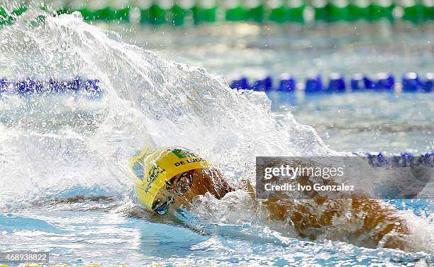 Joao de Lucca competes in the Men's 4x200m freestyle finals on day three of the Maria Lenk Swimming Trophy 2015 at Fluminense Club on April 8, 2015...