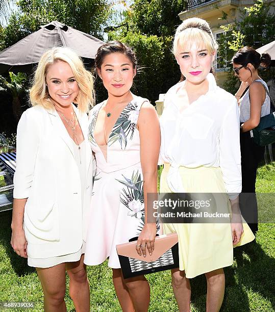 Actress Becca Tobin, actress Jenna Ushkowitz and actress Alessandra Torresani attend the June Moss Launch Party hosted by Becca Tobin at a private...