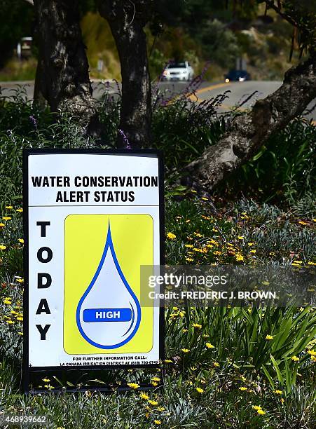 Sign posted roadside warns passing motorists of the Water Conservation Alert Status on April 8, 2015 in La Canada Flintridge, California, on the...