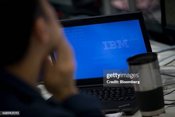 The International Business Machines Corp. Logo is displayed on a laptop screen inside the Thomas J. Watson Research Center, the headquarters of the...