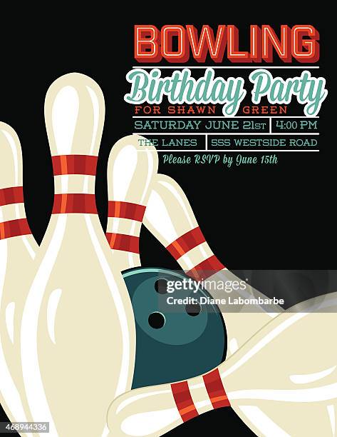 retro style bowling birthday party invitation template - skittles game stock illustrations