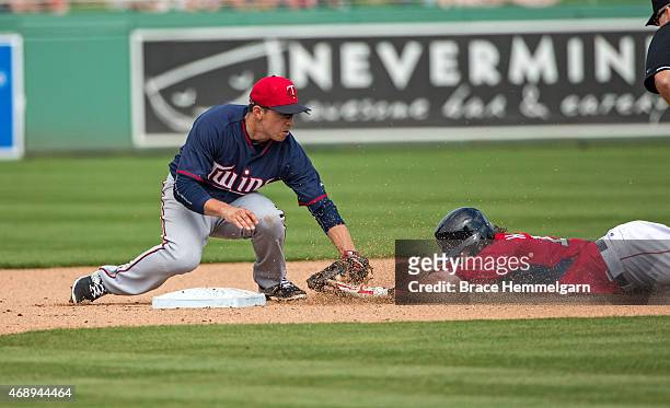 Doug Bernier of the Minnesota Twins fields against the Boston Red Sox on March 7, 2015 at JetBlue Park in Fort Myers, Florida.