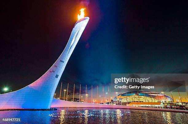 General view of the Olympic Cauldron and flame with the Olympic Rings and the Bolshoy Ice Dome in the distance at sunset during day 5 of the Sochi...