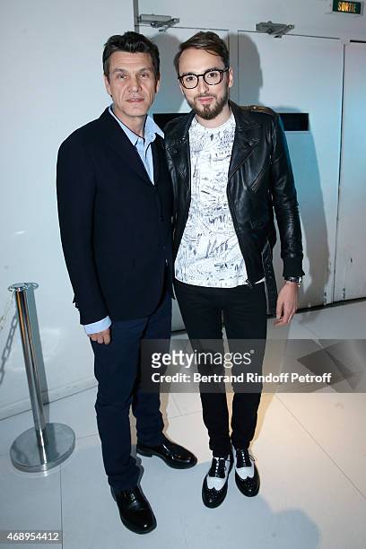Singers Marc Lavoine and Christophe Willem attend the 'Vivement Dimanche' French TV Show at Pavillon Gabriel on April 8, 2015 in Paris, France.