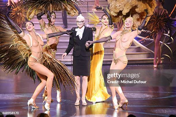 Dancers perform on stage during the Paris Merveilles', Lido New Revue : The Show At Opening Gala In Paris at Le Lido on April 8, 2015 in Paris,...