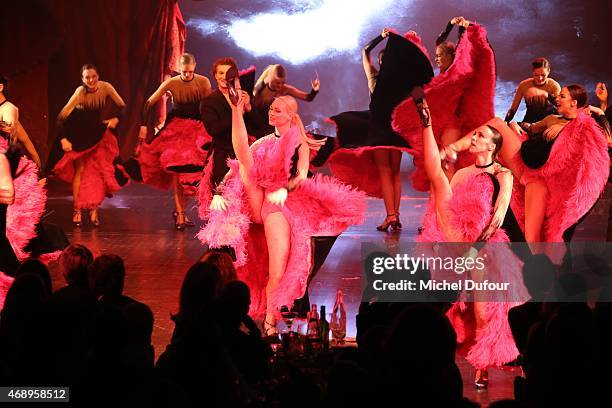 Dancers perform on stage during the Paris Merveilles', Lido New Revue : The Show At Opening Gala In Paris at Le Lido on April 8, 2015 in Paris,...