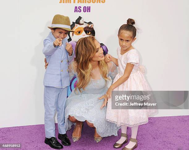 Actress/singer Jennifer Lopez and children Emme Maribel MuÃ±iz and Maximilian David MuÃ±iz arrive at the 'HOME' Los Angeles Premiere at Regency...