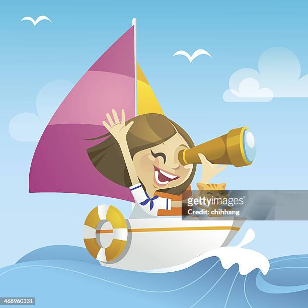 neue abenteuer (mädchen) - kid sailing stock-grafiken, -clipart, -cartoons und -symbole