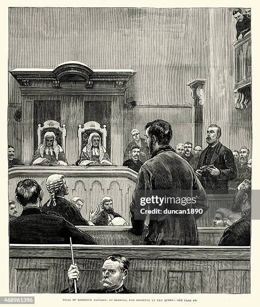 trial of roderick mclean for shooting at queen victoria 1882 - assassino stock illustrations