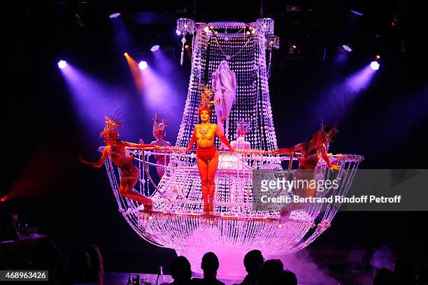 Charlene Klemm and Dancers perform on stage during the 'Paris Merveilles', Lido New Revue : Opening Gala on April 8, 2015 in Paris, France.