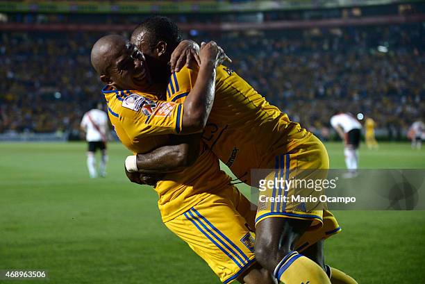 Egidio Arevalo of Tigres celebrates after scoring his team's first goal during a group 6 match between Tigres UANL and River Plate as part of group...