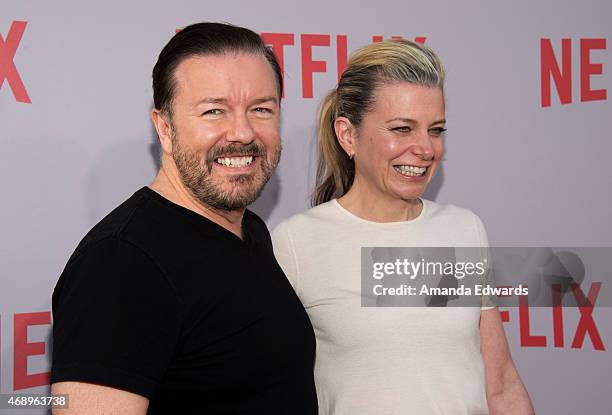 Actor Ricky Gervais and his wife, author Jane Fallon arrive at a special For Your Consideration screening and Q&A of Netflix's "Derek" at Paramount...