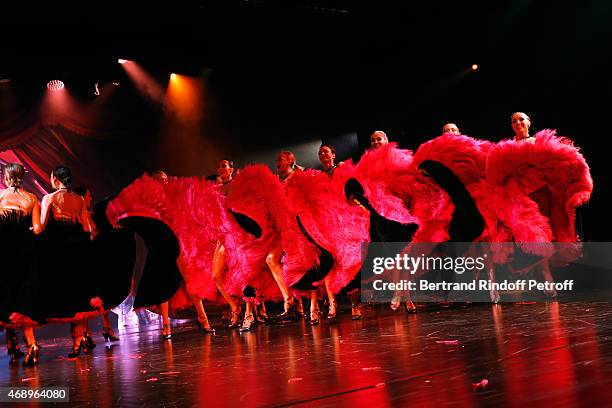 Dancers perform on stage during the 'Paris Merveilles', Lido New Revue : Opening Gala on April 8, 2015 in Paris, France.