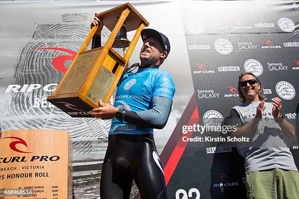 Mick Fanning of Australia celebrates his victory at the Rip Curl Pro Bells Beach on April 9, 2015 in Bells Beach, Australia.