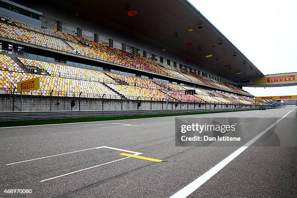General view of the pit straight during previews to the Formula One Grand Prix of China at Shanghai International Circuit on April 9, 2015 in...