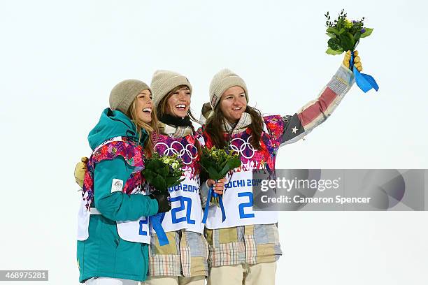 Silver medalist Torah Bright of Australia, gold medalist Kaitlyn Farrington of the United States and bronze medalist Kelly Clark of the United States...