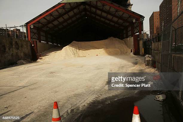 Road salt sits in a city storage depot storage on February 12, 2014 in New York City. As New York City experiences an unusually snowy winter, the...