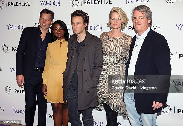 Actors Timothy Olyphant, Erica Tazel, Jacob Pitts and Joelle Carter and writer Graham Yost attend An Evening With FX's "Justified" presented by The...