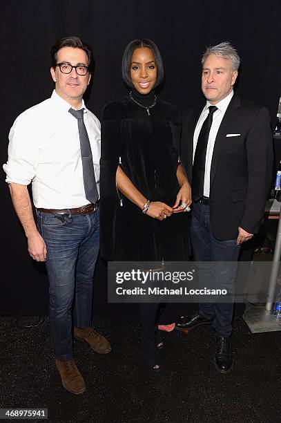 Designers Isaac Franco and Ken Kaufman of Kaufmanfranco with singer Kelly Rowland backstage at the Kaufmanfranco fashion show during Mercedes-Benz...