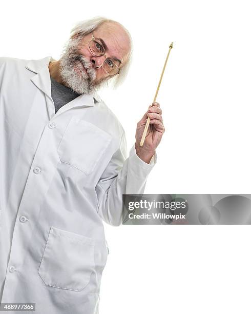 long hair senior man professor holding pointer stick - pointer stick stock pictures, royalty-free photos & images