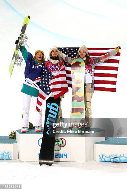 Silver medalist Torah Bright of Australia, gold medalist Kaitlyn Farrington of the United States and bronze medalist Kelly Clark of the United States...