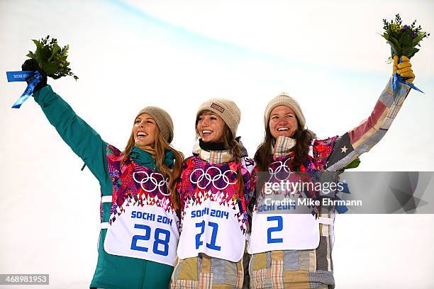 Silver medalist Torah Bright of Australia, gold medalist Kaitlyn Farrington of the United States and bronze medalist Kelly Clark of the United States...