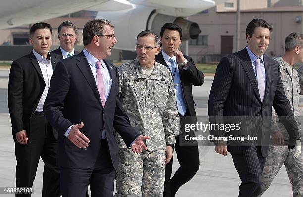 Secretary of Defense Ashton Carter arrives at Osan Air Base on April 9, 2015 in Pyeongtaek, South Korea. U.S. Secretary of Defense Ashton Carter is...