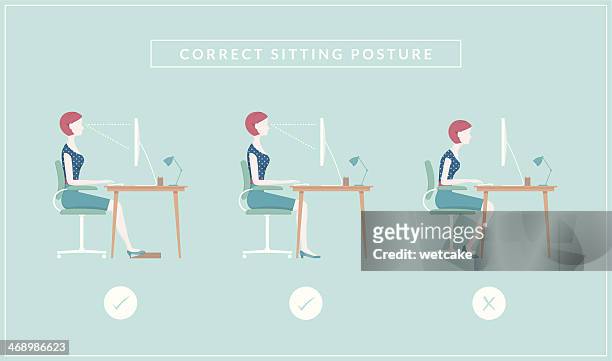 ilustraciones, imágenes clip art, dibujos animados e iconos de stock de correcto de las posiciones de estar - mala postura