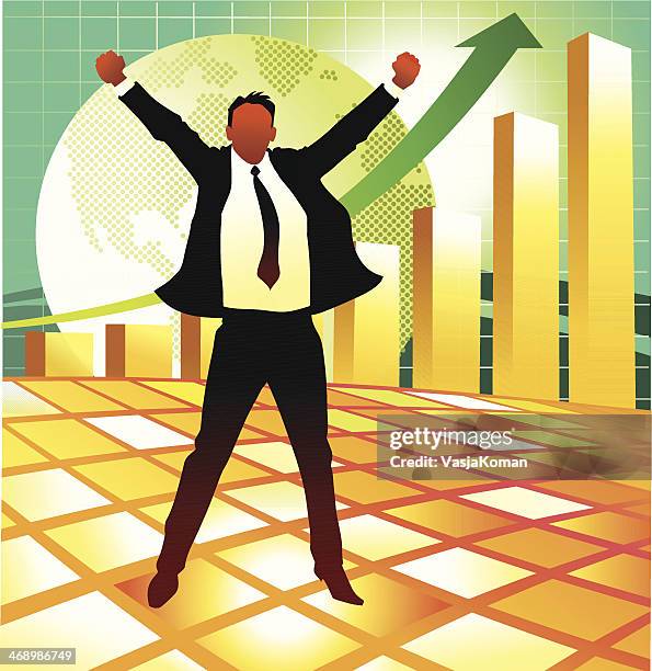 businessman jumping with joy - conquer world stock illustrations