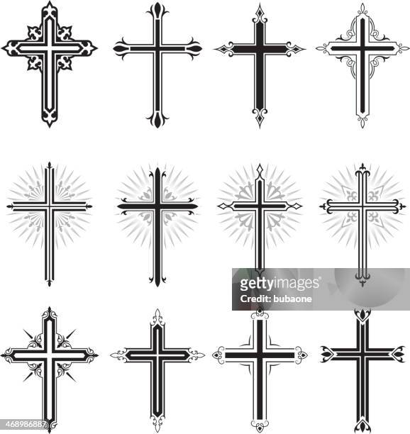 christian cross schwarz und weiß lizenzfreie vektor icon-set - kreuz form stock-grafiken, -clipart, -cartoons und -symbole