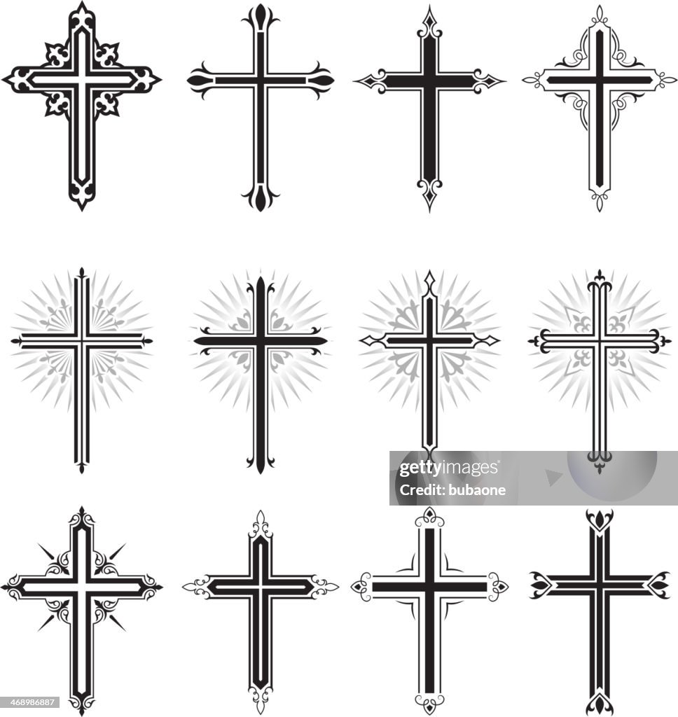 Christian Cross noir et blanc Ensemble d'icônes vectorielles libres de droits