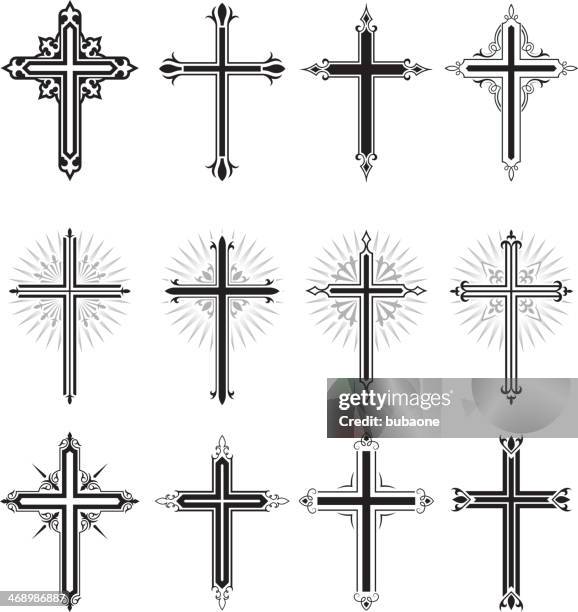 ilustrações de stock, clip art, desenhos animados e ícones de christian cross preto e branco vector conjunto de ícones royalty free - cruz equipamento religioso