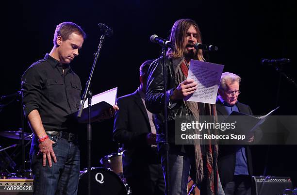 Actor Chad Lowe, singer Billy Ray Cyrus and actor Martin Sheen speak onstage at the Concert For Social Justice at The Fonda Theatre on April 8, 2015...