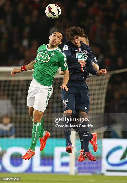 Mevlut Erding of Saint-Etienne and Adrien Rabiot of PSG in action during the French Cup semi-final match between Paris Saint-Germain FC and AS...