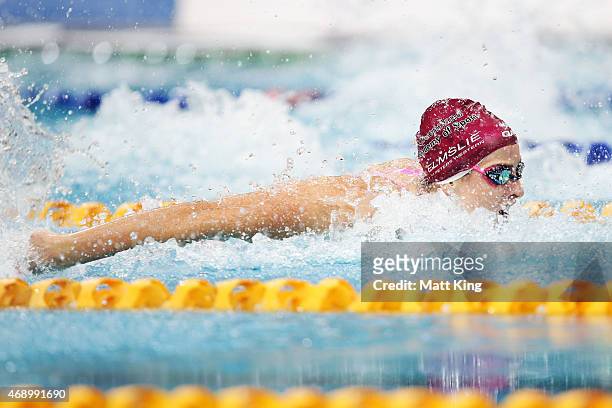 Brittany Elmslie competes in the Women's 50m Butterfly Final during day seven of the Australian National Swimming Championships at Sydney Olympic...