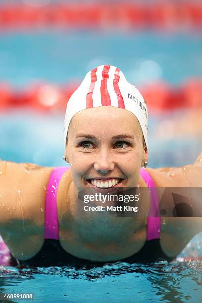 Emma McKeon smiles after competing in the Women's 50m Butterfly Final during day seven of the Australian National Swimming Championships at Sydney...