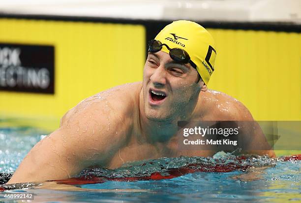 Tommaso D'Orsogna celebrates winning the Men's 100m Butterfly Final during day seven of the Australian National Swimming Championships at Sydney...