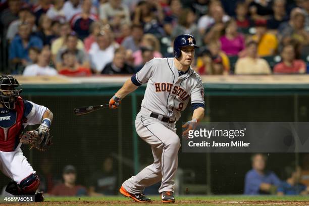 Trevor Crowe of the Houston Astros strikes out during the seventh inning against the Cleveland Indians at Progressive Field on September 20, 2013 in...