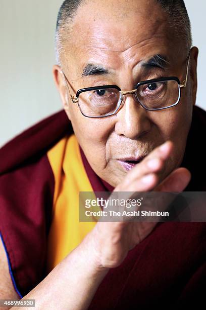 Tibetan spiritual leader Dalai Lama speaks during the Asahi Shimbun interview at a hotel on April 8, 2015 in Gifu, Japan. The Dalai Lama, described...