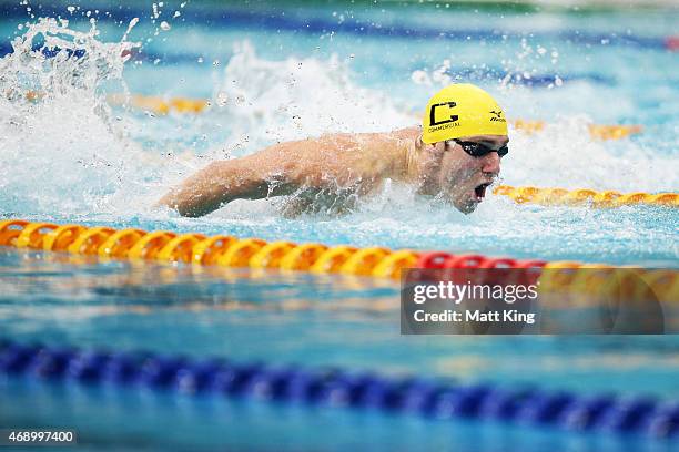 Tommaso D'Orsogna competes in the Men's 100m Butterfly Final during day seven of the Australian National Swimming Championships at Sydney Olympic...