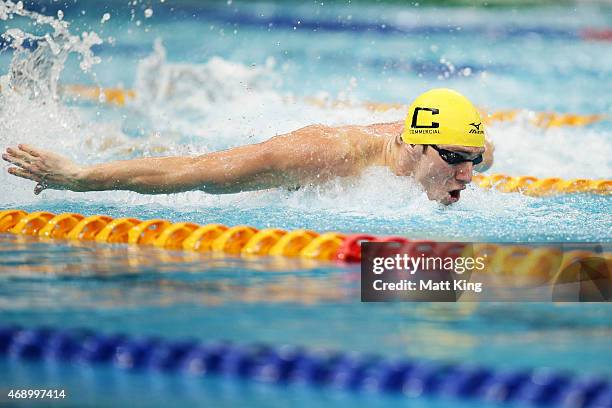 Tommaso D'Orsogna competes in the Men's 100m Butterfly Final during day seven of the Australian National Swimming Championships at Sydney Olympic...