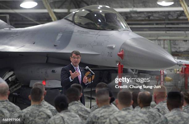 Secretary of Defense Ashton Carter speaks during the meeting with military personnel at Osan Air Base on April 9, 2015 in Pyeongtaek, South Korea....