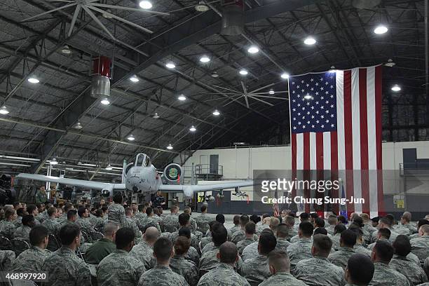Secretary of Defense Ashton Carter speaks during the meeting with military personnel at Osan Air Base on April 9, 2015 in Pyeongtaek, South Korea....