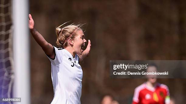 Nina Ehegoetz of Germany celebrates as she scores the second goal during the U19 Women's Elite Round match between U19 Belgium and U19 Germany on...