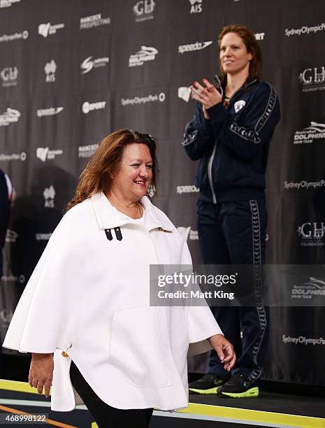 Gina Rinehart presents the medals for the Women's 200m Backstroke Final during day seven of the Australian National Swimming Championships at Sydney...